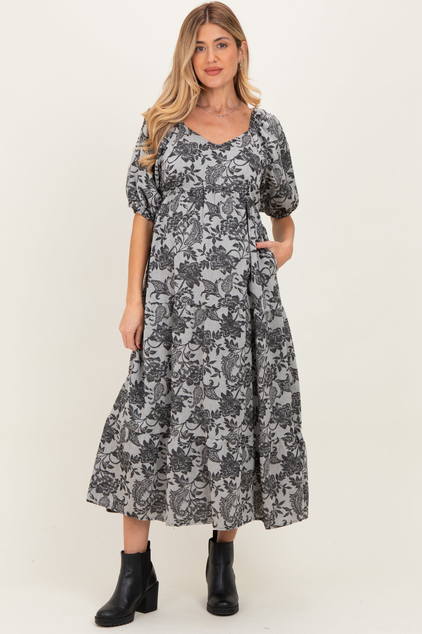 Black Floral V-Neck 3/4 Sleeve Maternity Midi Dress
