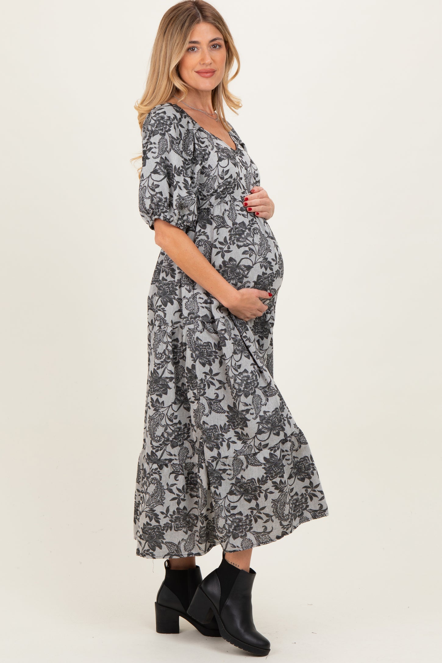 Black Floral V-Neck 3/4 Sleeve Maternity Midi Dress