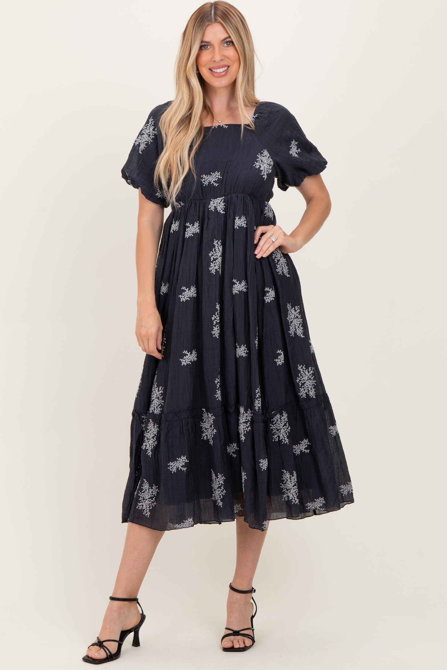 Navy Floral Embroidered Puff Sleeve Maternity Midi Dress Navy Floral Embroidered Puff Sleeve Maternity Midi Dress