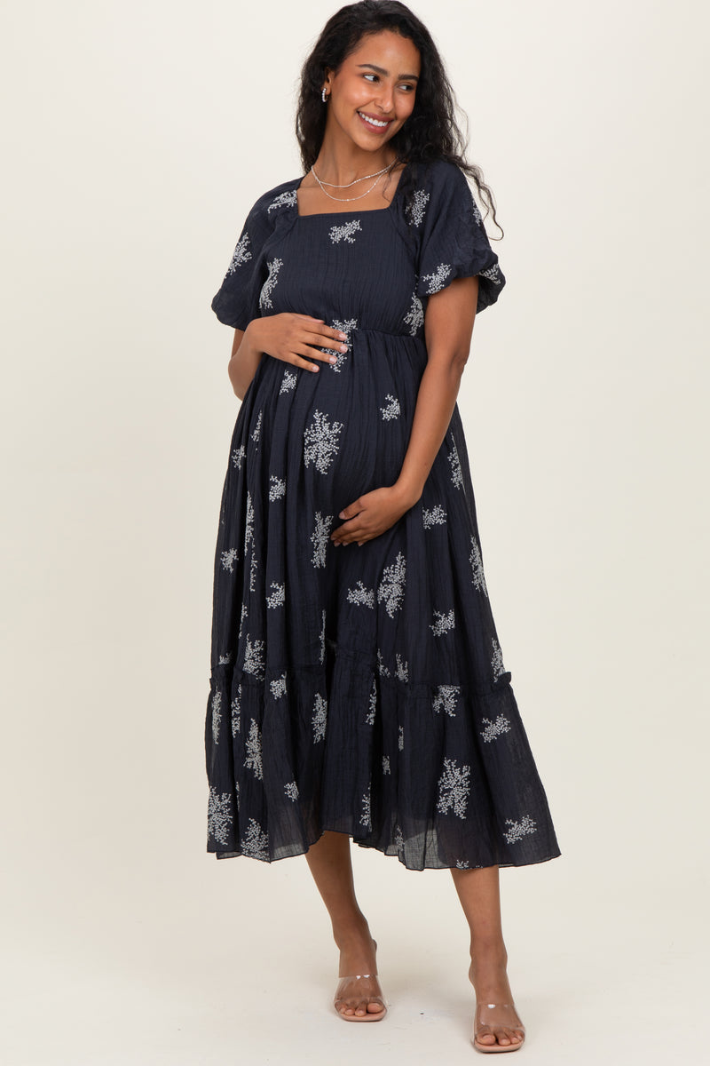 Navy Floral Embroidered Puff Sleeve Maternity Midi Dress – PinkBlush