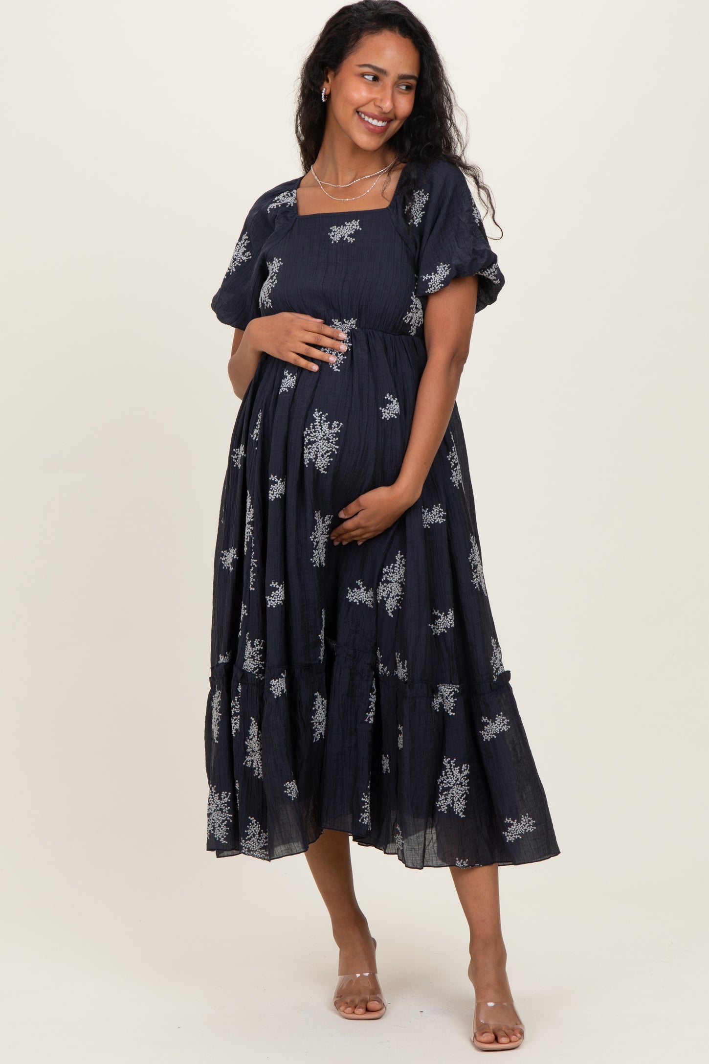 Navy Floral Embroidered Puff Sleeve Maternity Midi Dress Navy Floral Embroidered Puff Sleeve Maternity Midi Dress