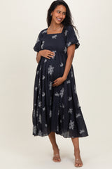 Navy Floral Embroidered Puff Sleeve Maternity Midi Dress
