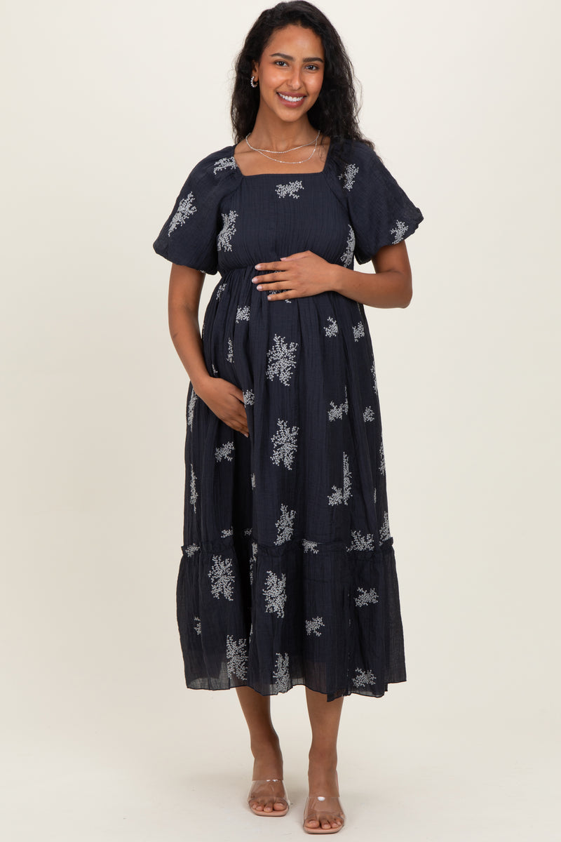 Navy Floral Embroidered Puff Sleeve Maternity Midi Dress – PinkBlush