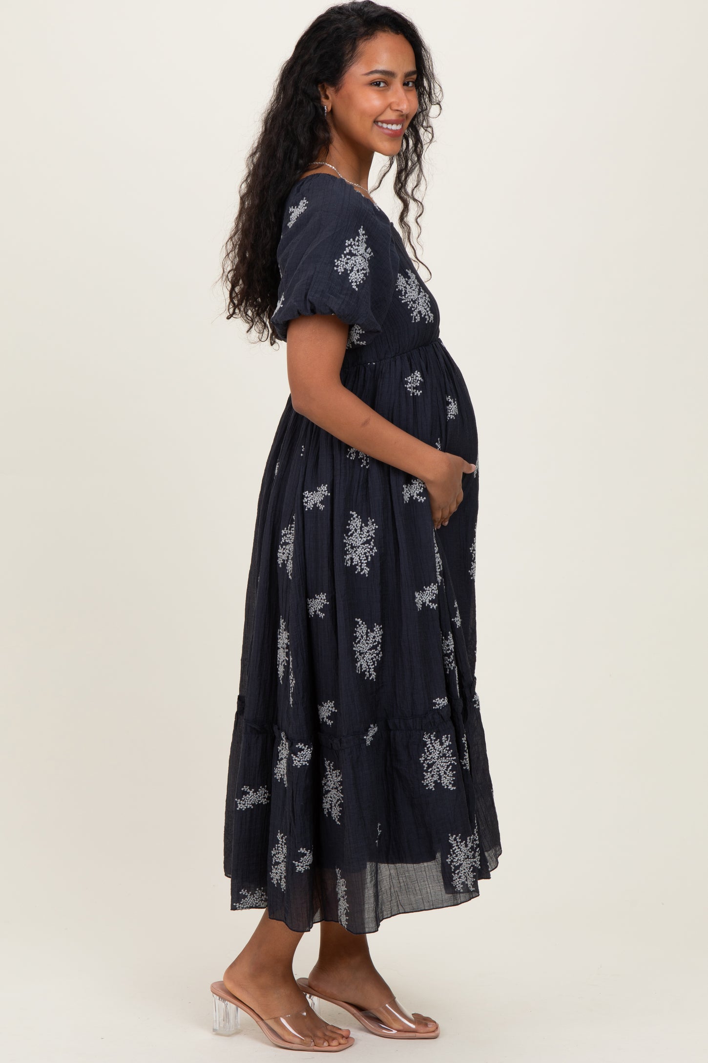 Navy Floral Embroidered Puff Sleeve Maternity Midi Dress