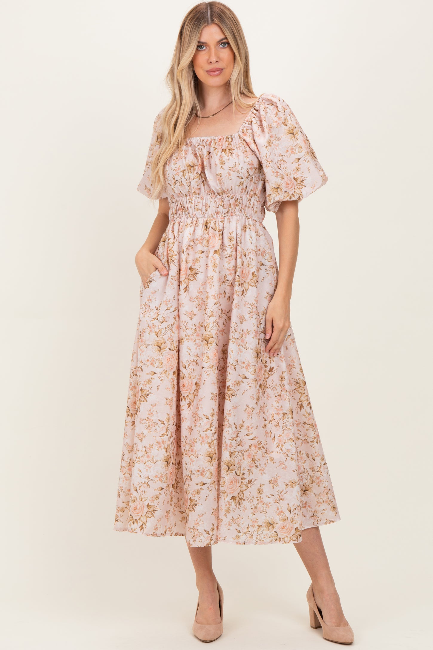Beige Floral Puff Sleeve Midi Dress Beige Floral Puff Sleeve Midi Dress