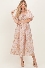 Beige Floral Puff Sleeve Midi Dress