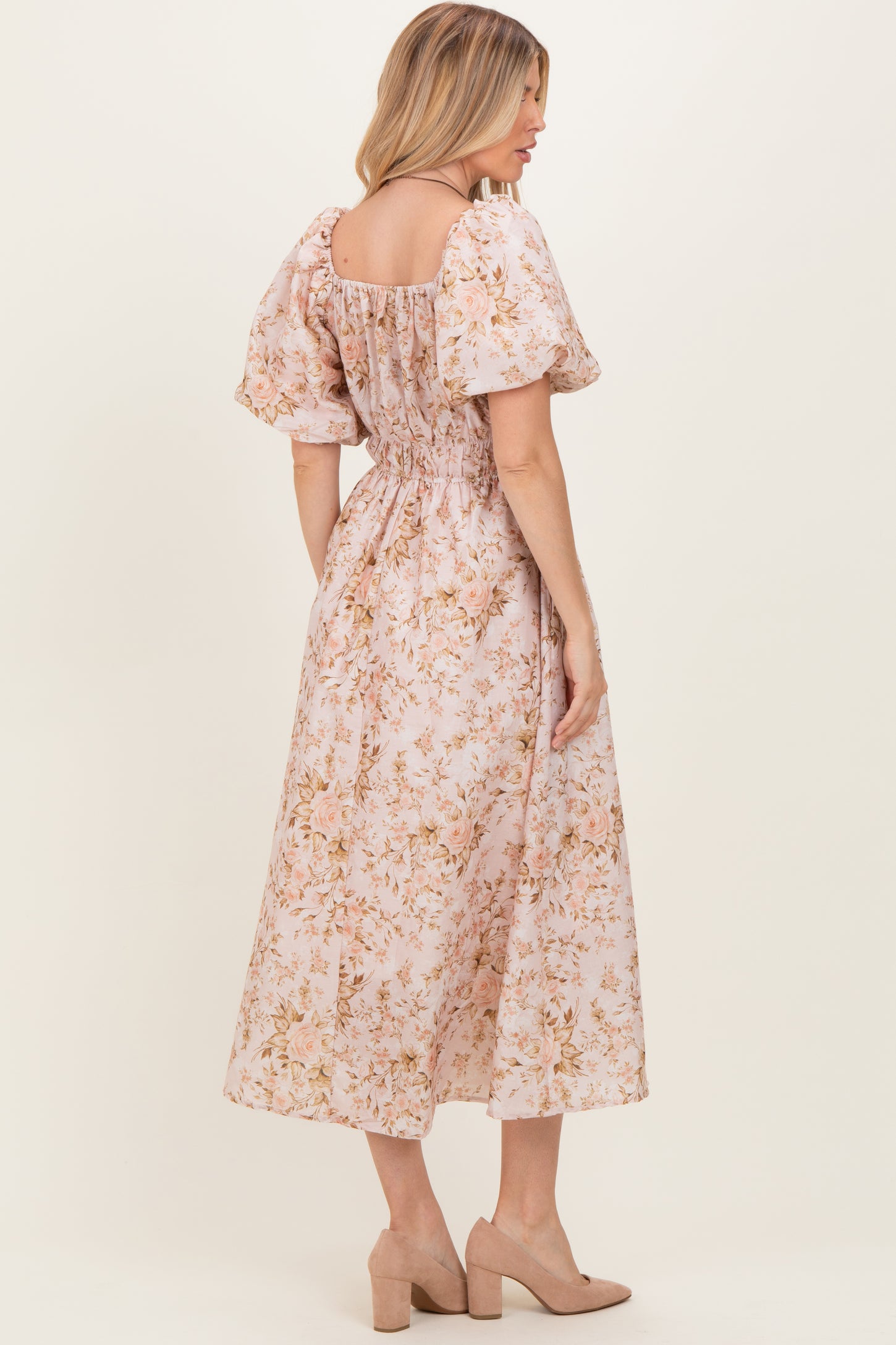 Beige Floral Puff Sleeve Midi Dress