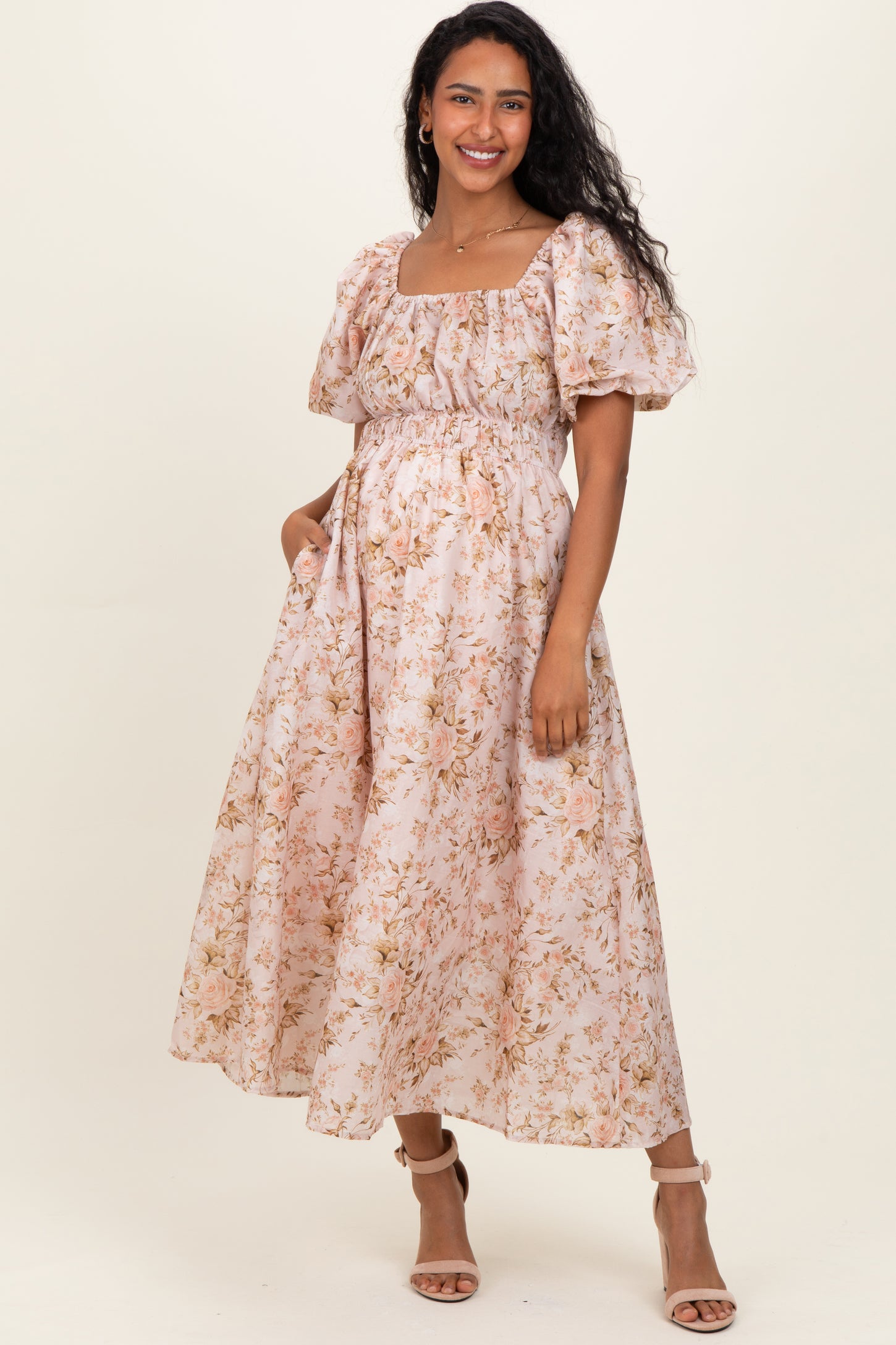 Beige Floral Puff Sleeve Maternity Midi Dress