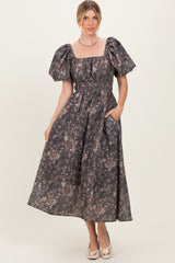Brown Floral Puff Sleeve Midi Dress