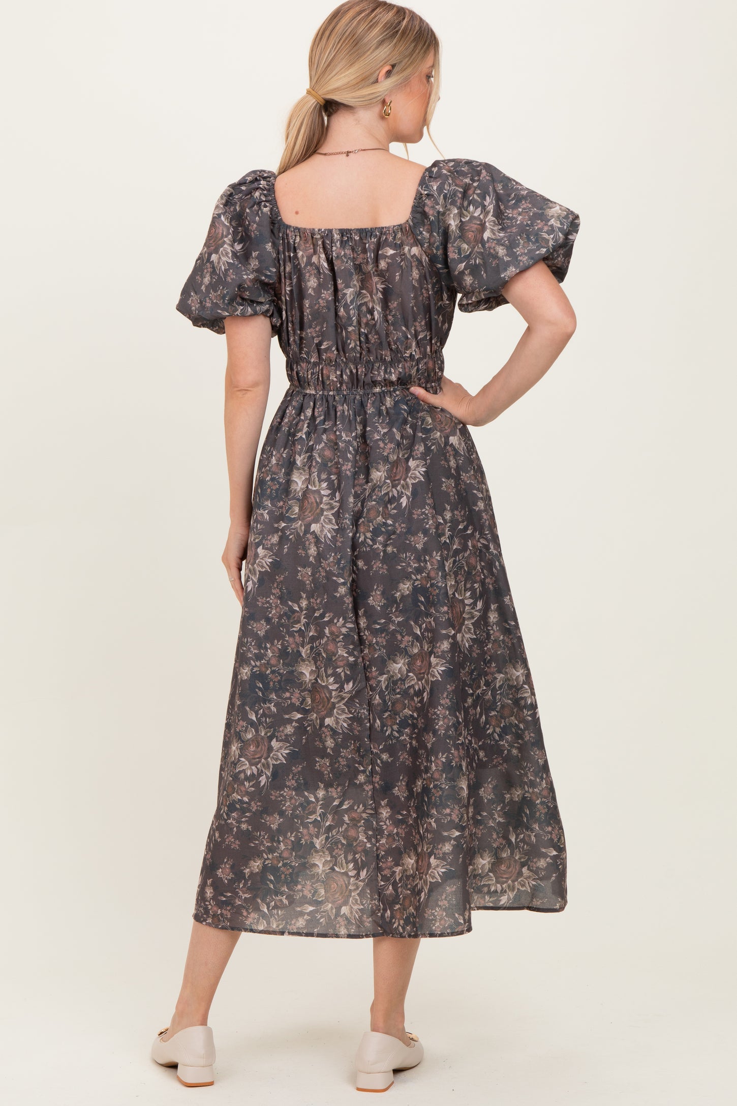 Brown Floral Puff Sleeve Midi Dress