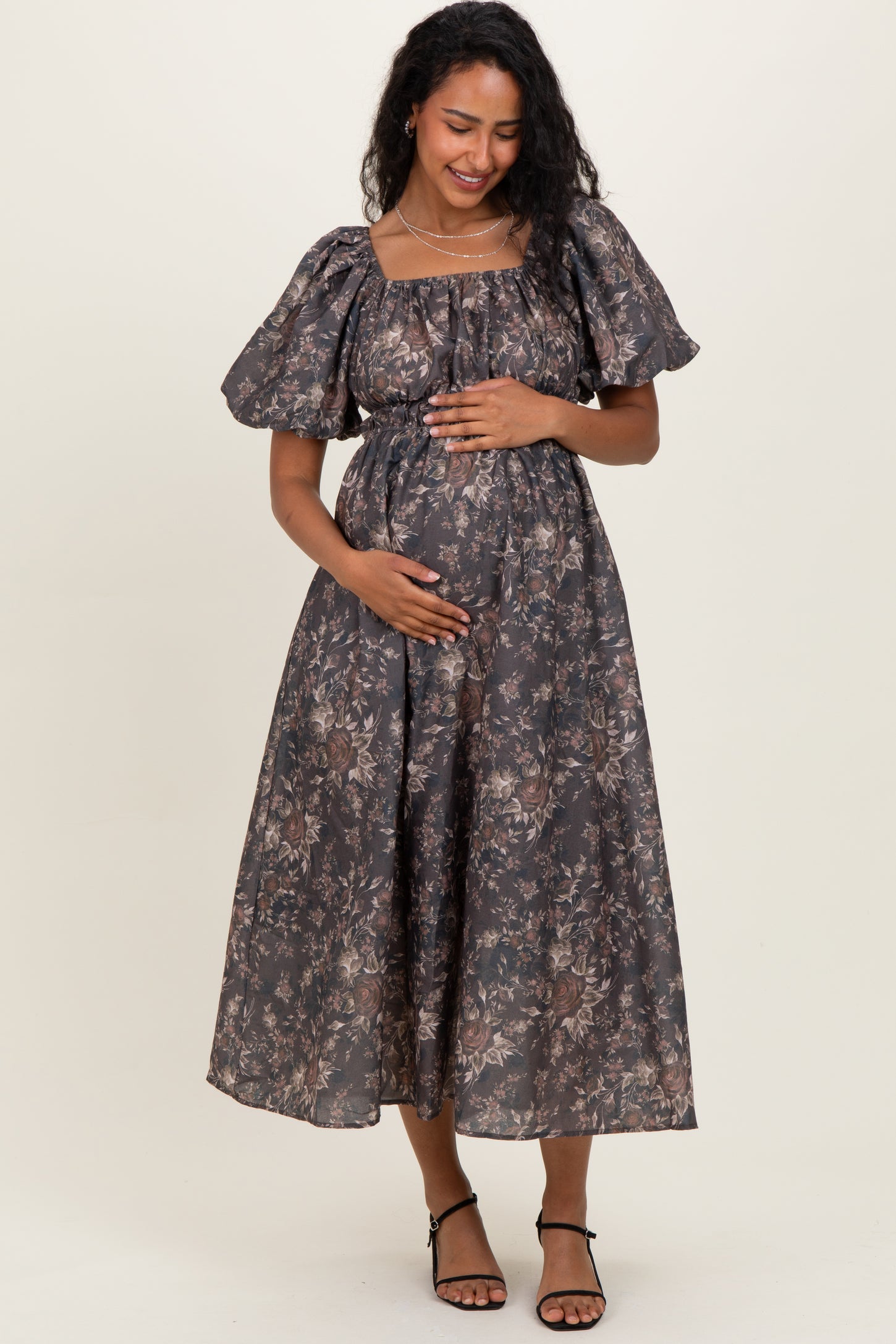 Brown Floral Puff Sleeve Maternity Midi Dress