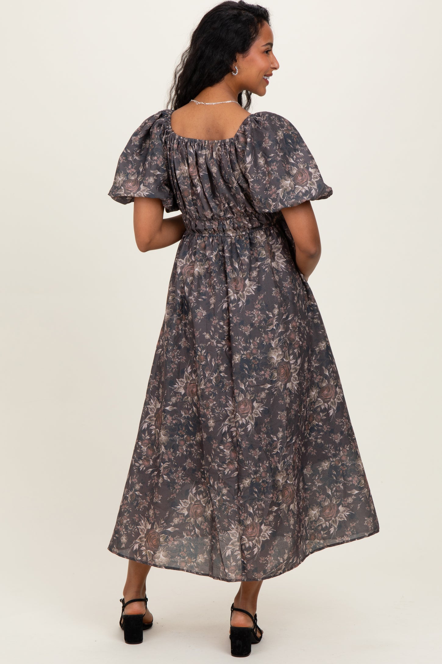 Brown Floral Puff Sleeve Maternity Midi Dress Brown Floral Puff Sleeve Maternity Midi Dress