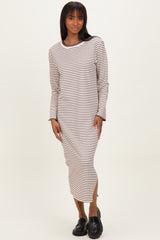 Cream Striped Stitch Detail Long Sleeve Midi Dress