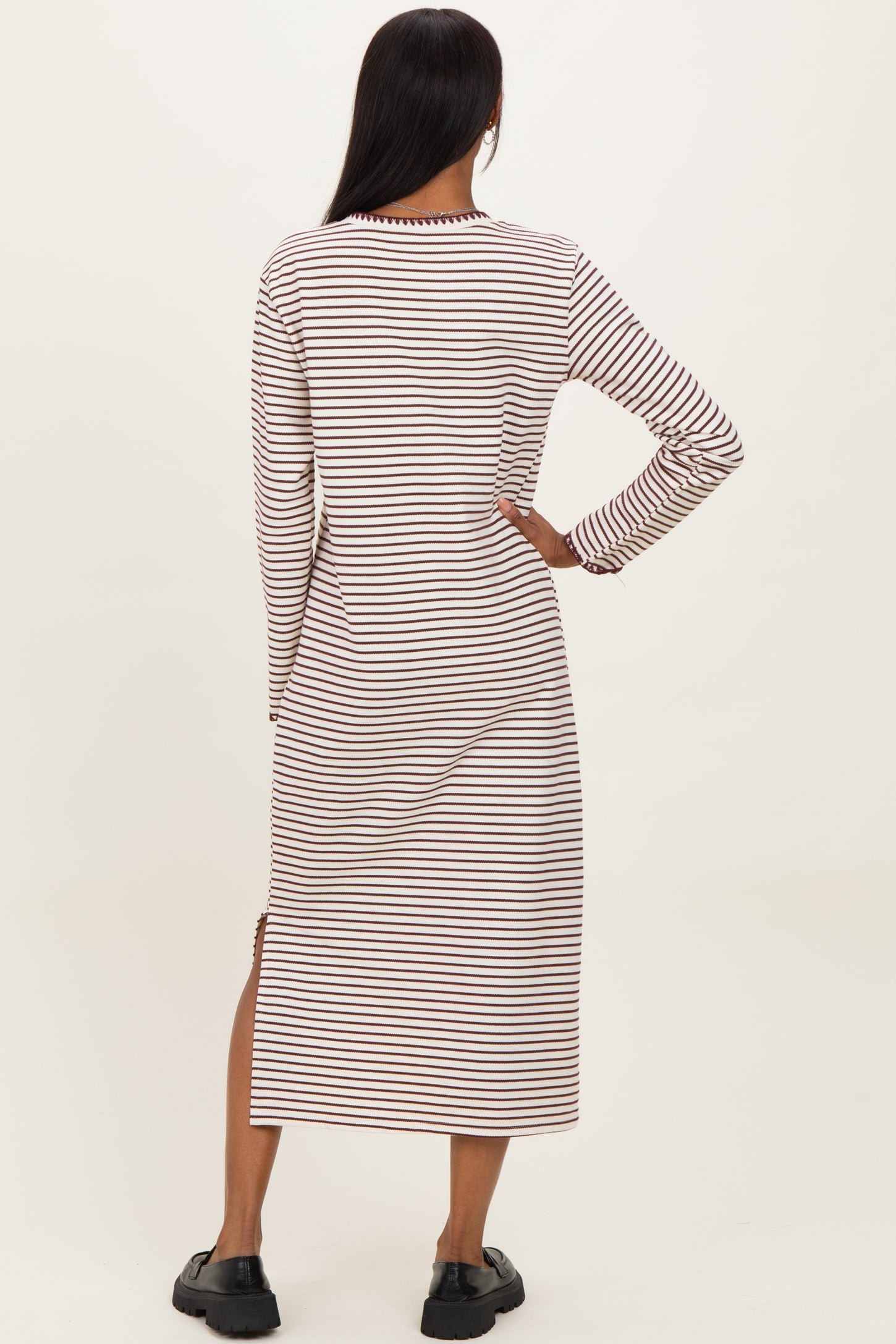 Cream Striped Stitch Detail Long Sleeve Midi Dress