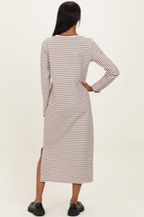 Cream Striped Stitch Detail Long Sleeve Midi Dress