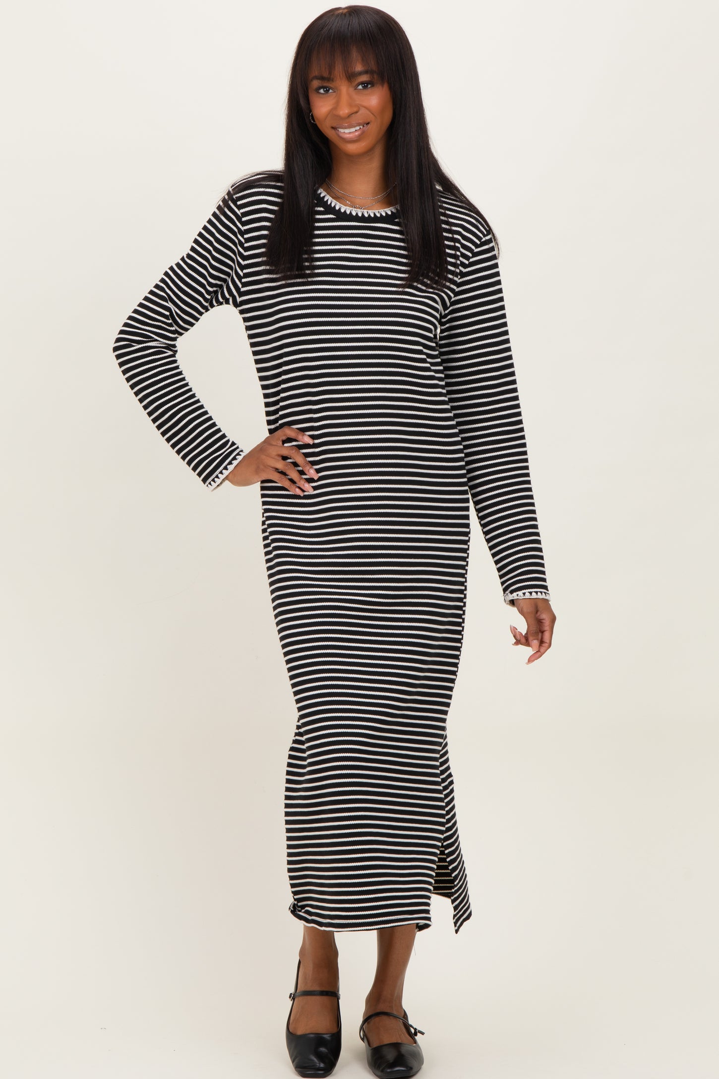 Black Striped Stitch Detail Long Sleeve Maternity Midi Dress