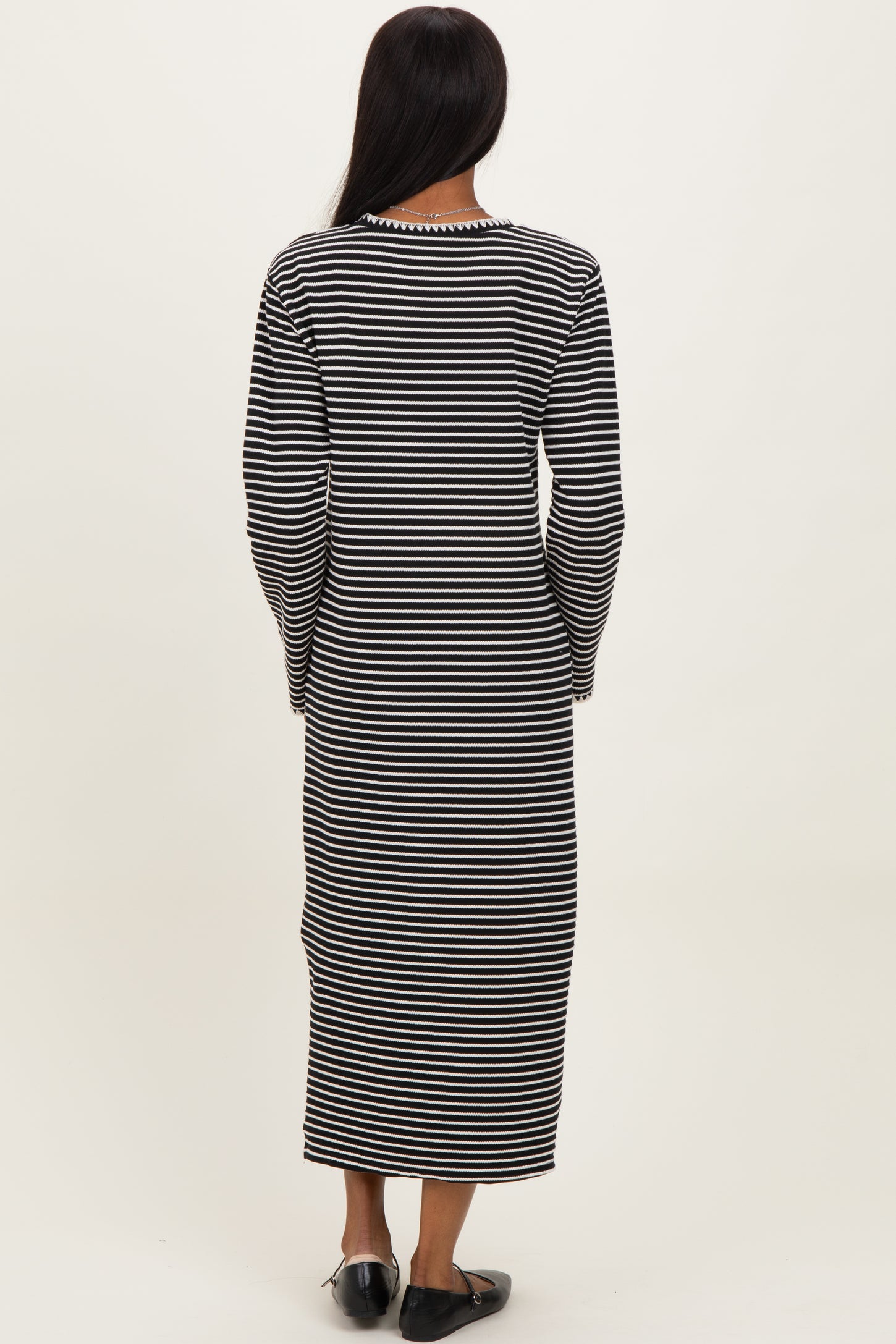 Black Striped Stitch Detail Long Sleeve Midi Dress