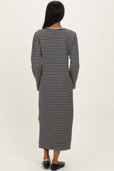 Black Striped Stitch Detail Long Sleeve Midi Dress