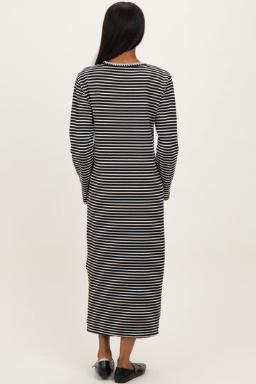 Black Striped Stitch Detail Long Sleeve Midi Dress