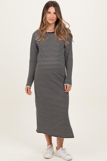 Black Striped Stitch Detail Long Sleeve Maternity Midi Dress