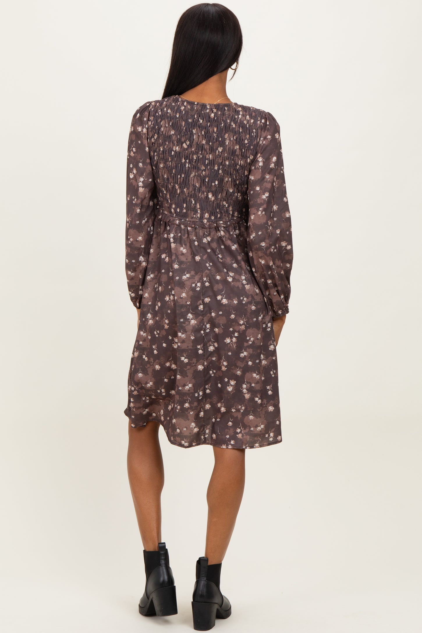 Brown Floral Smocked Long Sleeve Dress
