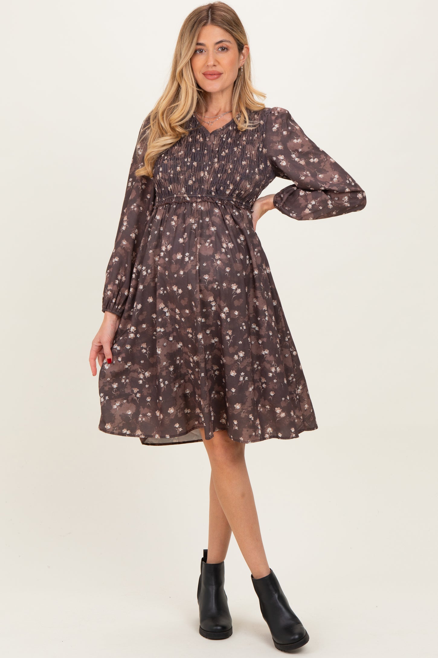 brown long sleeve maternity dress Women Maternity Dress Long Sleeve V Neck Slim Fit Bodycon Sweater Midi Dress Photoshoot Baby Shower