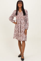 Beige Floral Smocked Long Sleeve Maternity Dress