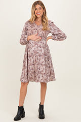 Beige Floral Smocked Long Sleeve Maternity Dress