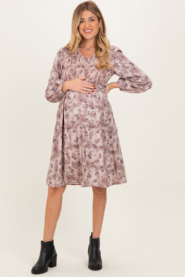 Beige Floral Smocked Long Sleeve Maternity Dress