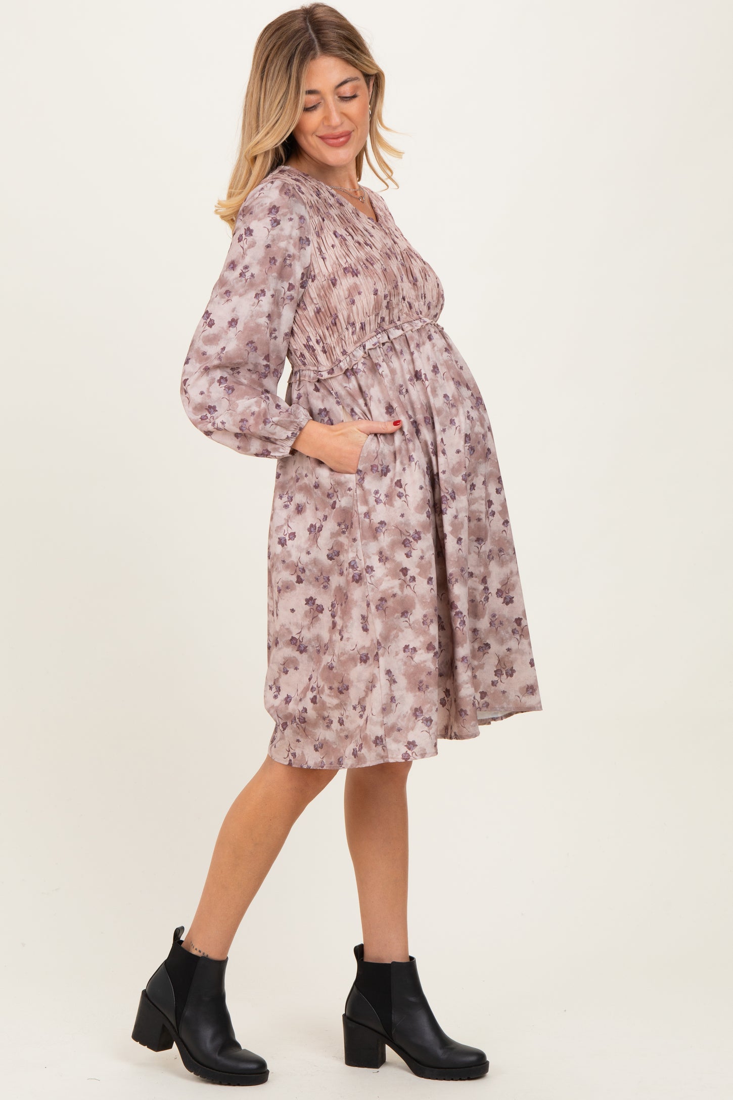 Beige Floral Smocked Long Sleeve Maternity Dress
