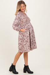 Beige Floral Smocked Long Sleeve Maternity Dress