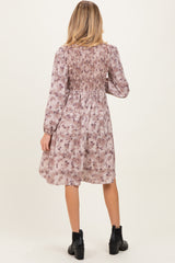Beige Floral Smocked Long Sleeve Maternity Dress