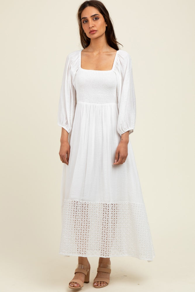 White Eyelet Contrast Smocked Bubble Sleeve Midi Dress