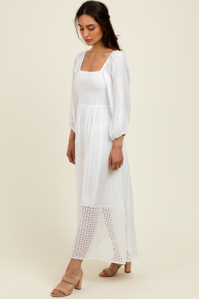White Eyelet Contrast Smocked Bubble Sleeve Midi Dress