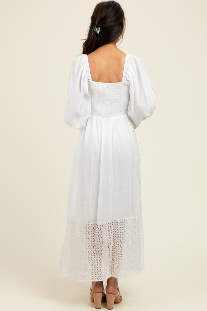 White Eyelet Contrast Smocked Bubble Sleeve Midi Dress