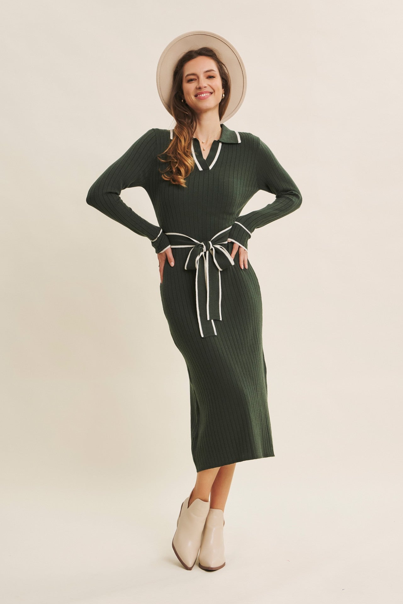 Hunter Green Soft Stretchy Rib Fitted Sweater Midi Dress