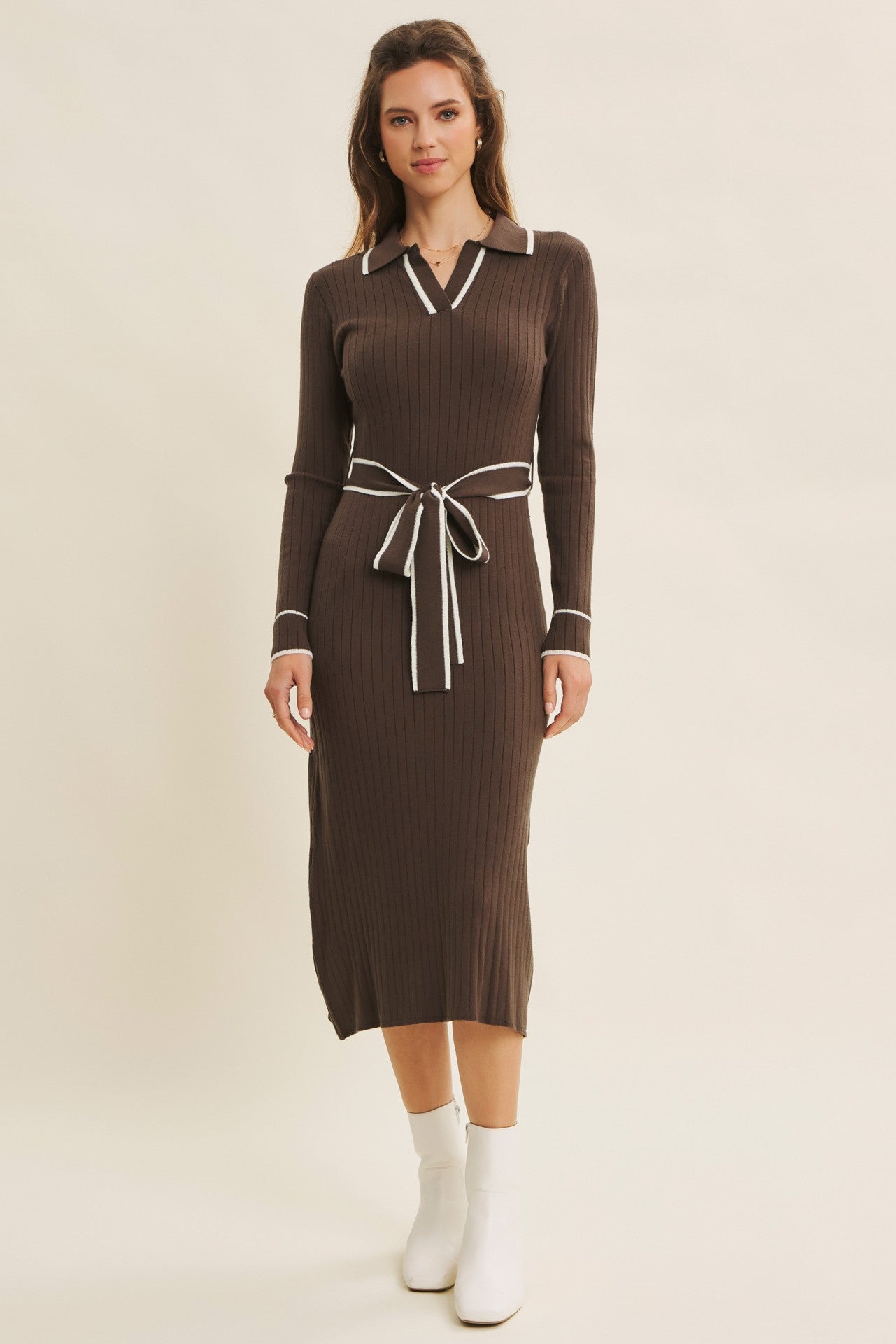 brown sweater midi dress Brown Cotton Knit Sweater Dress: Beige Midi Turtleneck, Pleated Skirt