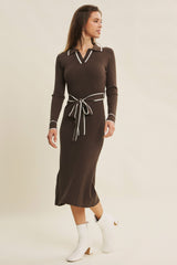 Brown Soft Stretchy Rib Fitted Sweater Midi Dress