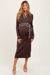 Brown Soft Stretchy Rib Fitted Maternity Sweater Midi Dress