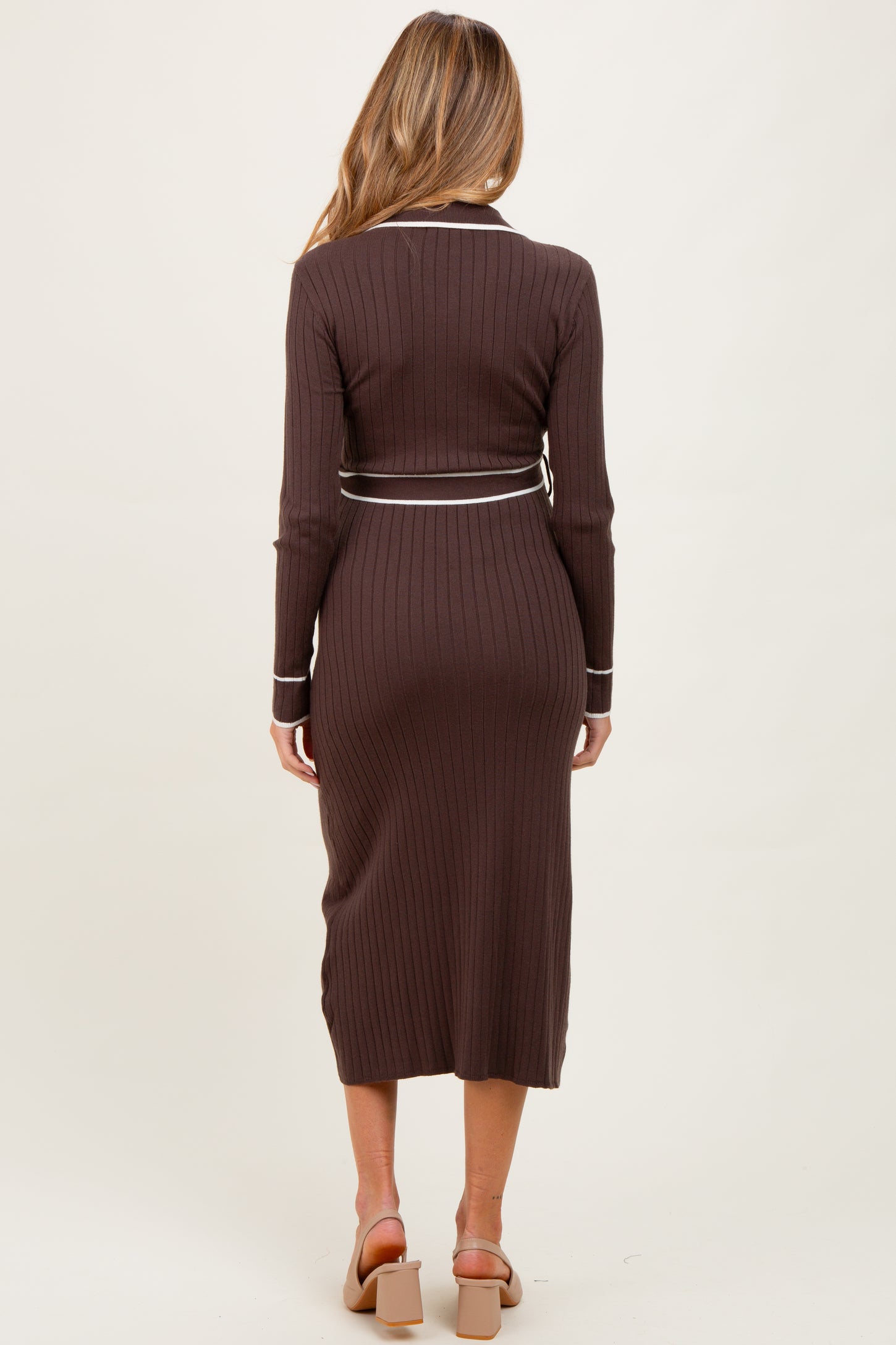 Brown Soft Stretchy Rib Fitted Maternity Sweater Midi Dress – PinkBlush