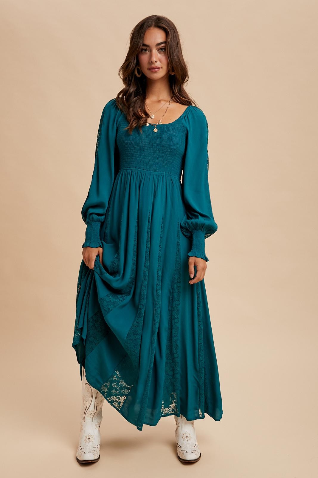 Emerald Lace Inset Smocked Maxi Dress Emerald Lace Inset Smocked Maxi Dress