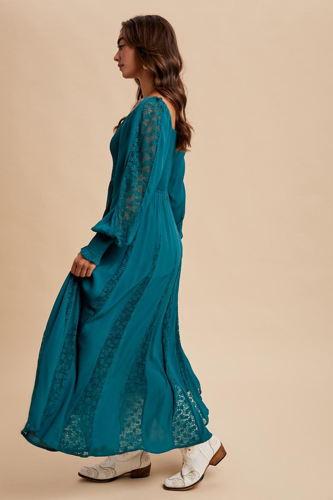 Emerald Lace Inset Smocked Maxi Dress Emerald Lace Inset Smocked Maxi Dress