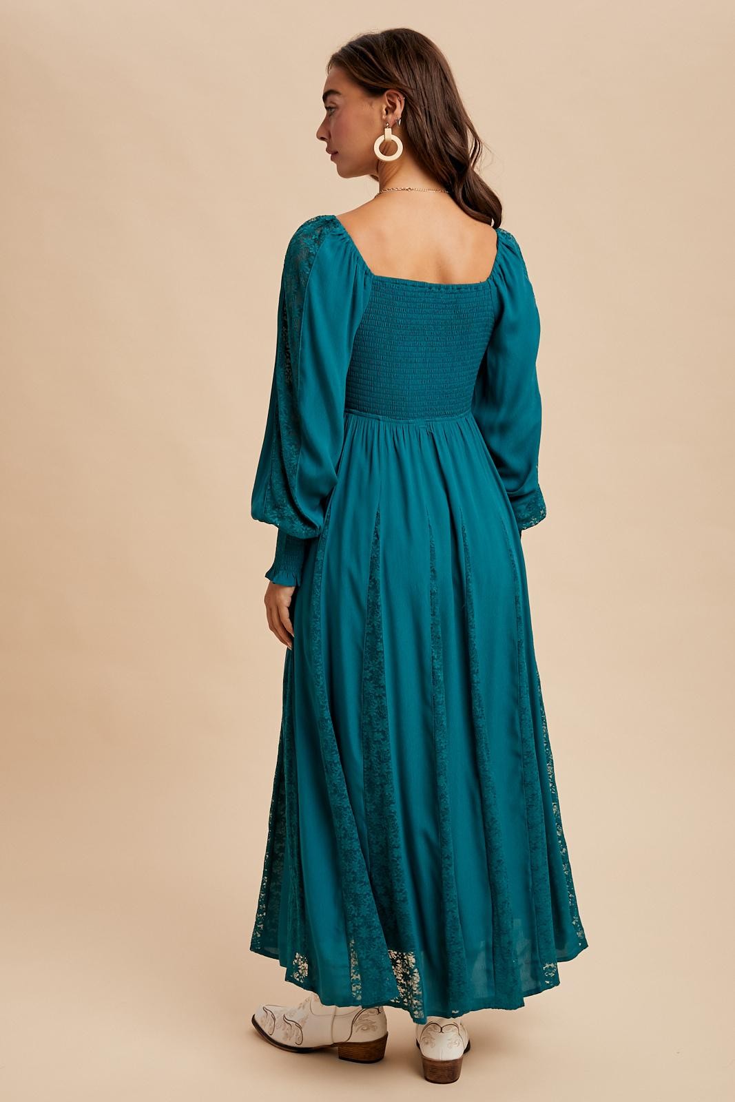 Emerald Lace Inset Smocked Maxi Dress