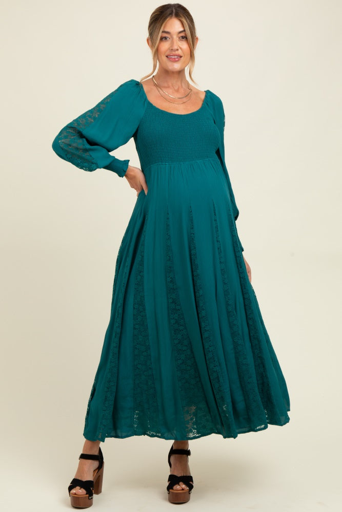 Emerald Lace Inset Smocked Maternity Maxi Dress
