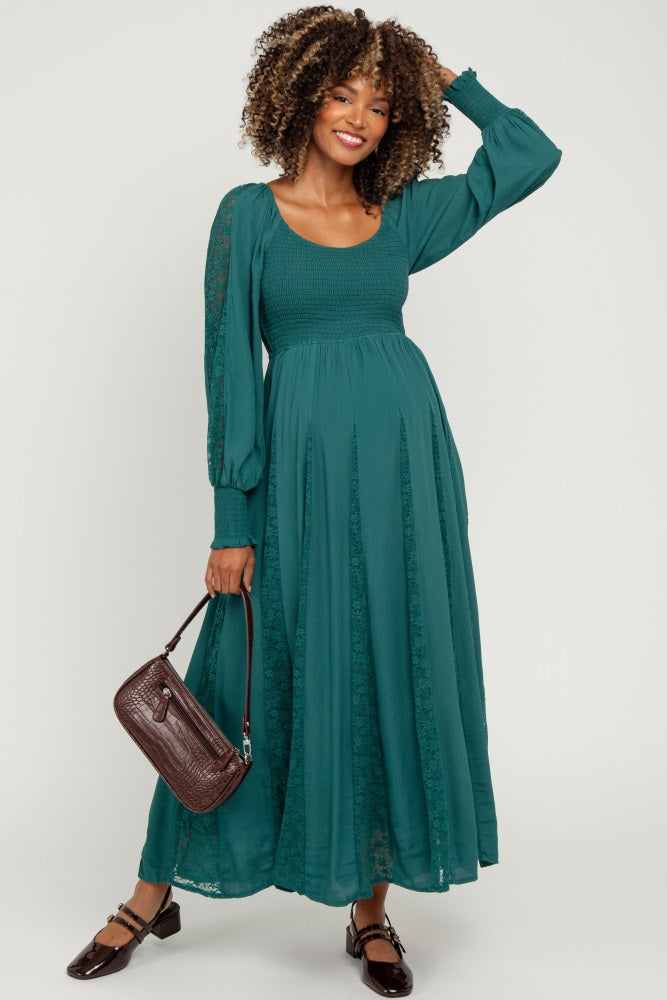 Emerald Lace Inset Smocked Maternity Maxi Dress
