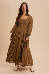 Brown Lace Inset Smocked Maternity Maxi Dress