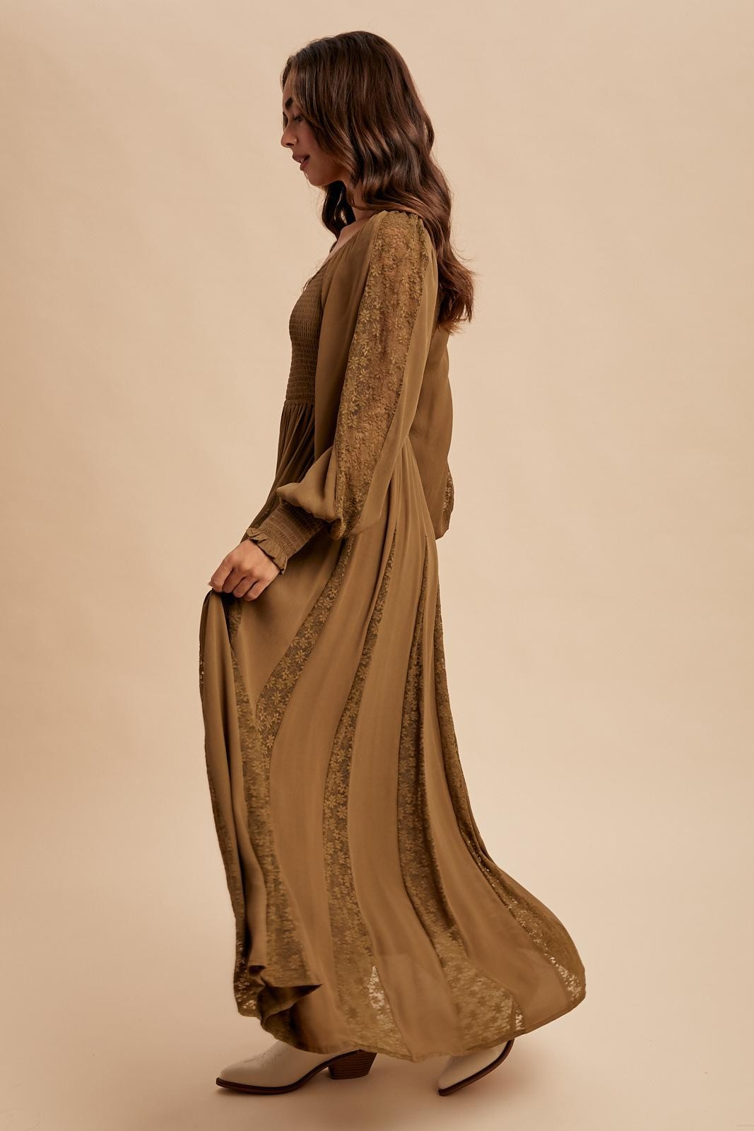 Brown Lace Inset Smocked Maxi Dress