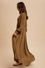 Brown Lace Inset Smocked Maxi Dress