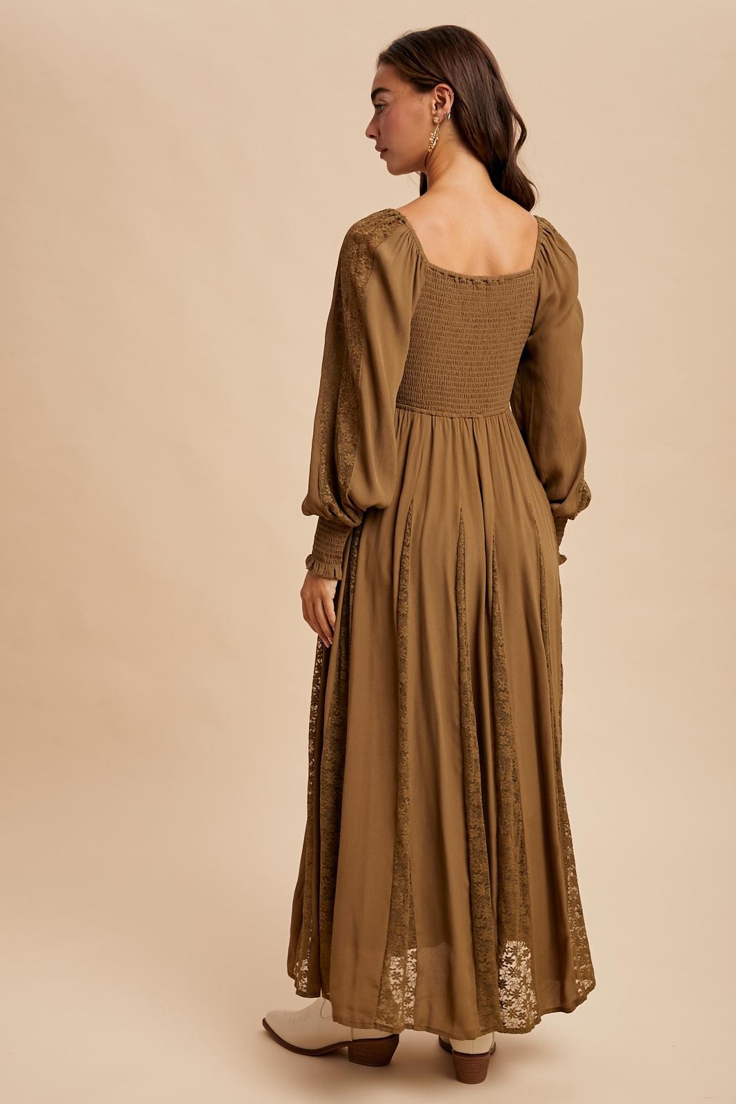 Brown Lace Inset Smocked Maxi Dress