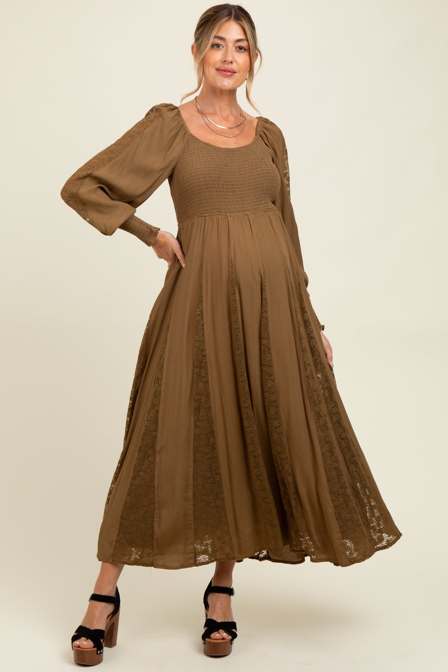 Brown Lace Inset Smocked Maternity Maxi Dress